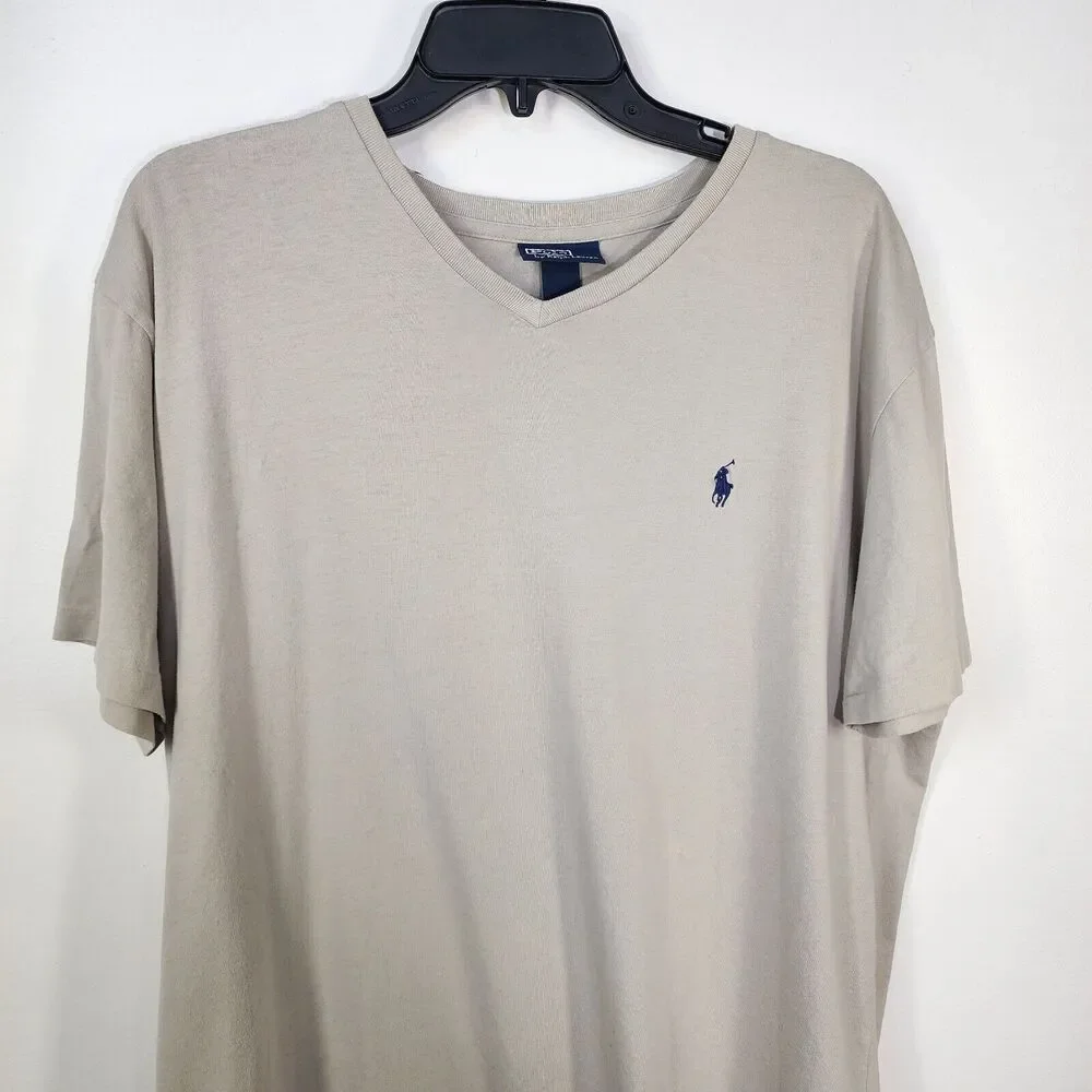 Polo Ralph Lauren Mens T Shirt Large Gray Short Sleeve Blue Pony Cotton V Neck